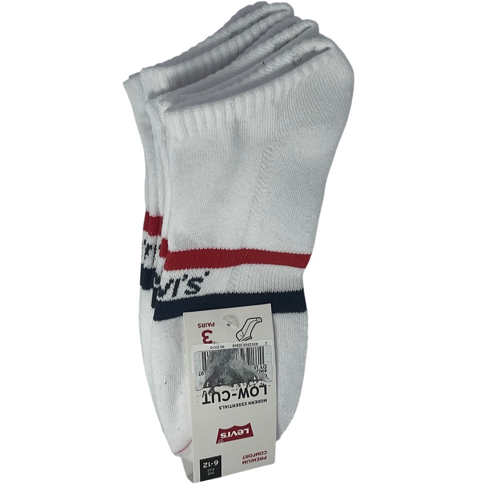 Levi's Men's Low Cut Socks 3‎ Pairs White Blue Red Stripe Size 6-12 Premium